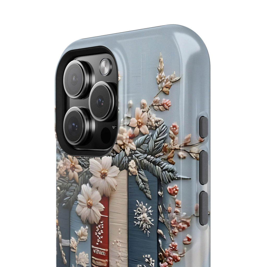 Boho Bookish MagSafe iPhone Case: Faux Embroidered Bookshelf & Coffee Cup