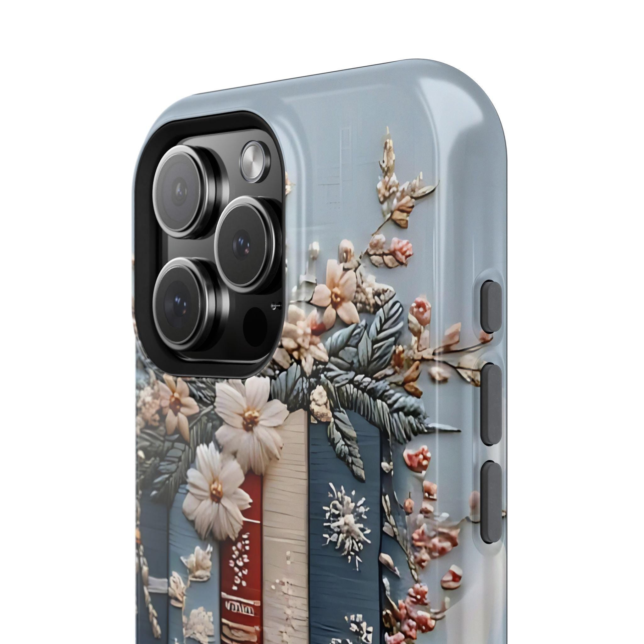 Boho Bookish MagSafe iPhone Case: Faux Embroidered Bookshelf & Coffee Cup