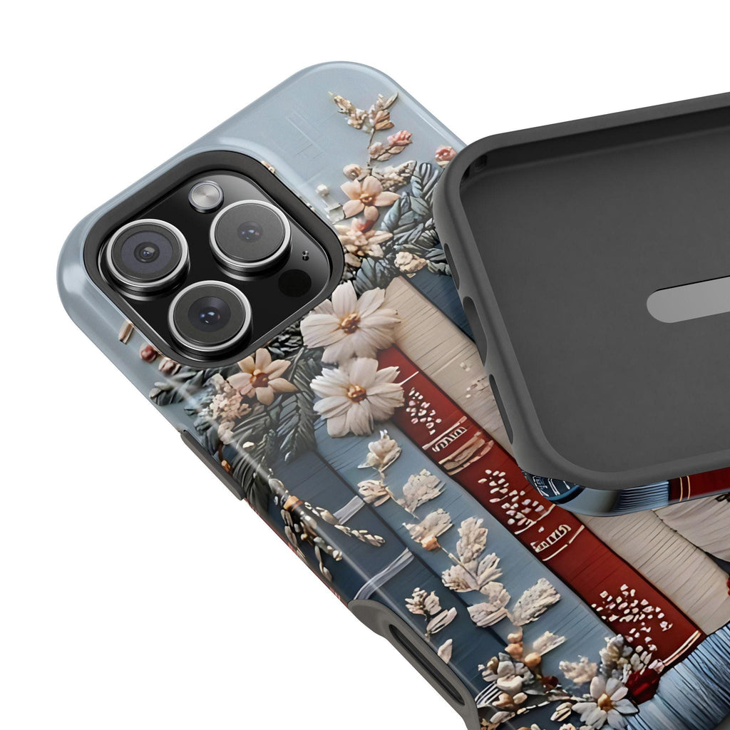 Boho Bookish MagSafe iPhone Case: Faux Embroidered Bookshelf & Coffee Cup