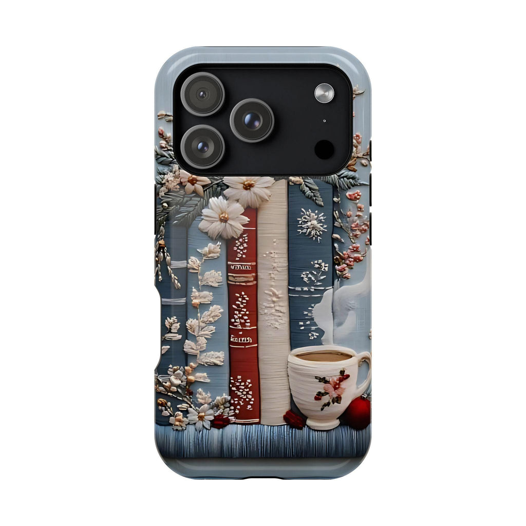 Boho Bookish MagSafe iPhone Case: Faux Embroidered Bookshelf & Coffee Cup