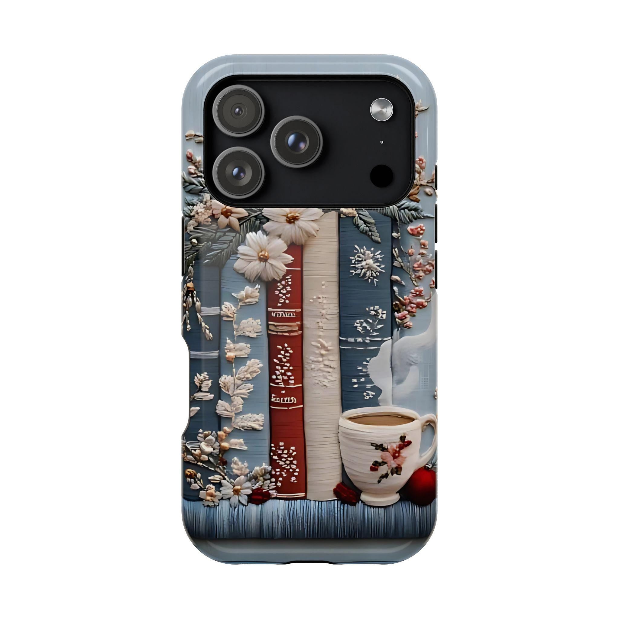 Boho Bookish MagSafe iPhone Case: Faux Embroidered Bookshelf & Coffee Cup