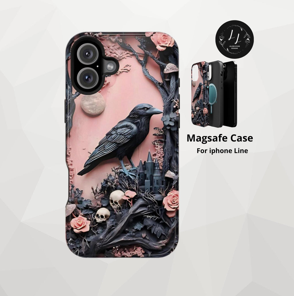 Gothic Raven iPhone Case: Pastel Floral Faux Carved Design, Magnetic Tough Case
