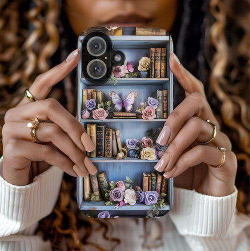 Blue Bookshelf Phone Case: Floral Butterfly Book Lover Accessory Vintage  Bookworm iPhone Galaxy Pixel