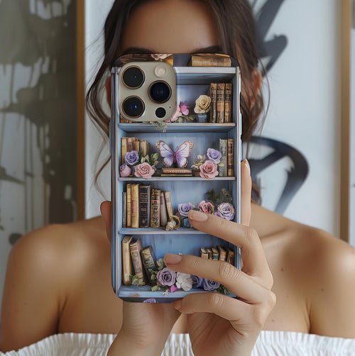 Blue Bookshelf Phone Case: Floral Butterfly Book Lover Accessory Vintage  Bookworm iPhone Galaxy Pixel