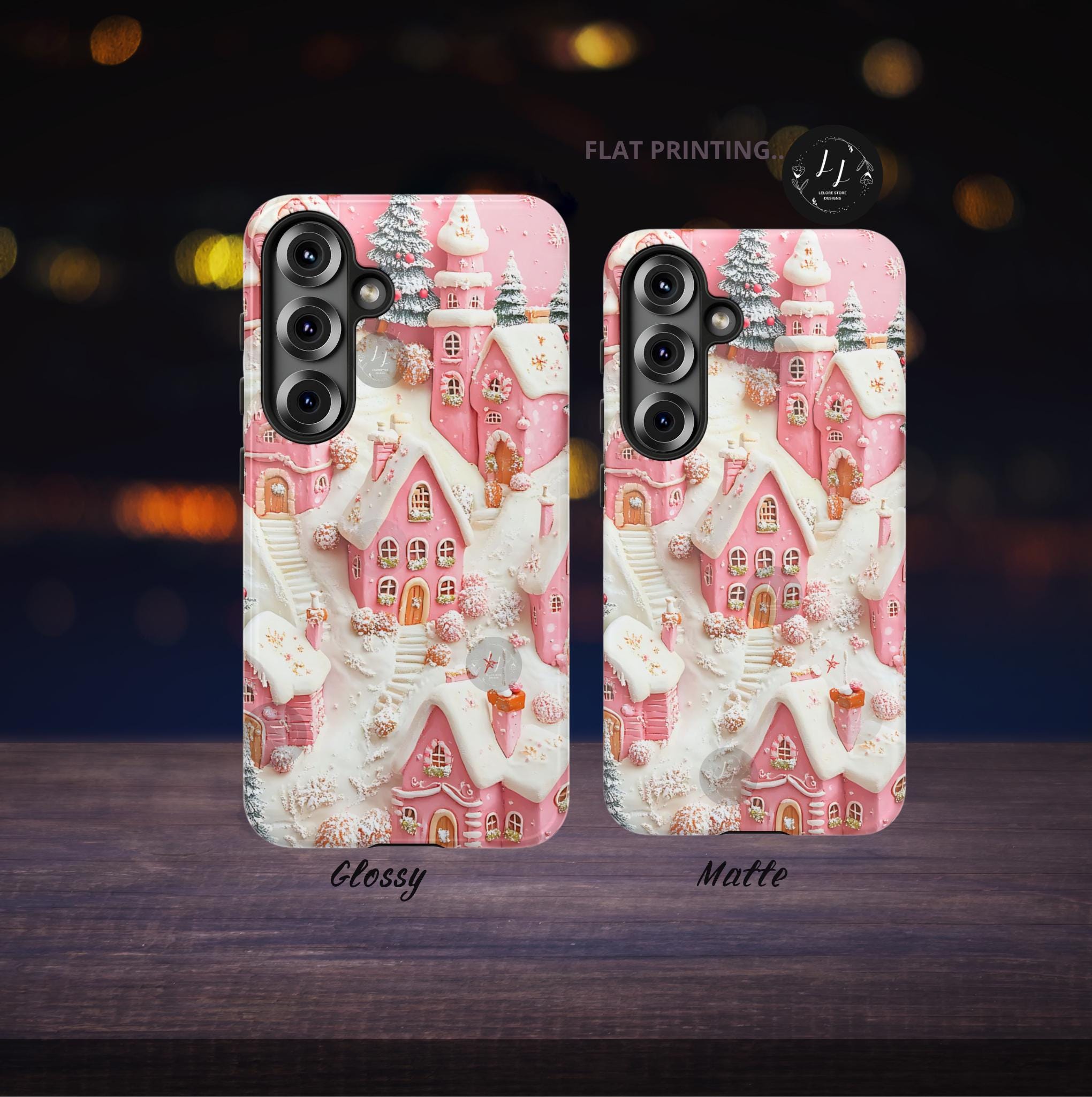 Winter Village Phone Case in Pink, Cozy Snowy Christmas Town Aesthetic, Holiday Gift for iPhone, Samsung Galaxy, Pixel Smartphone