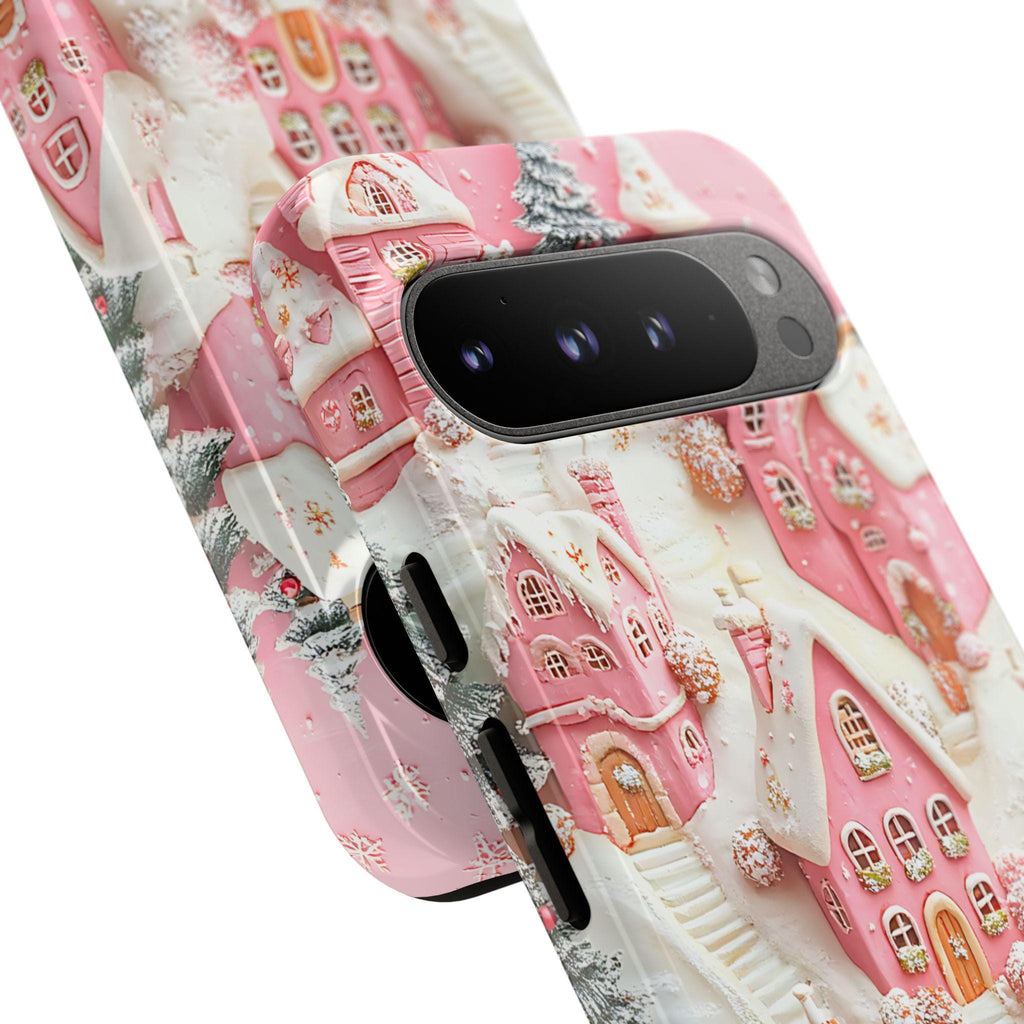 Winter Village Phone Case in Pink, Cozy Snowy Christmas Town Aesthetic, Holiday Gift for iPhone, Samsung Galaxy, Pixel Smartphone