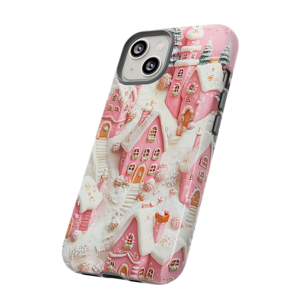 Winter Village Phone Case in Pink, Cozy Snowy Christmas Town Aesthetic, Holiday Gift for iPhone, Samsung Galaxy, Pixel Smartphone