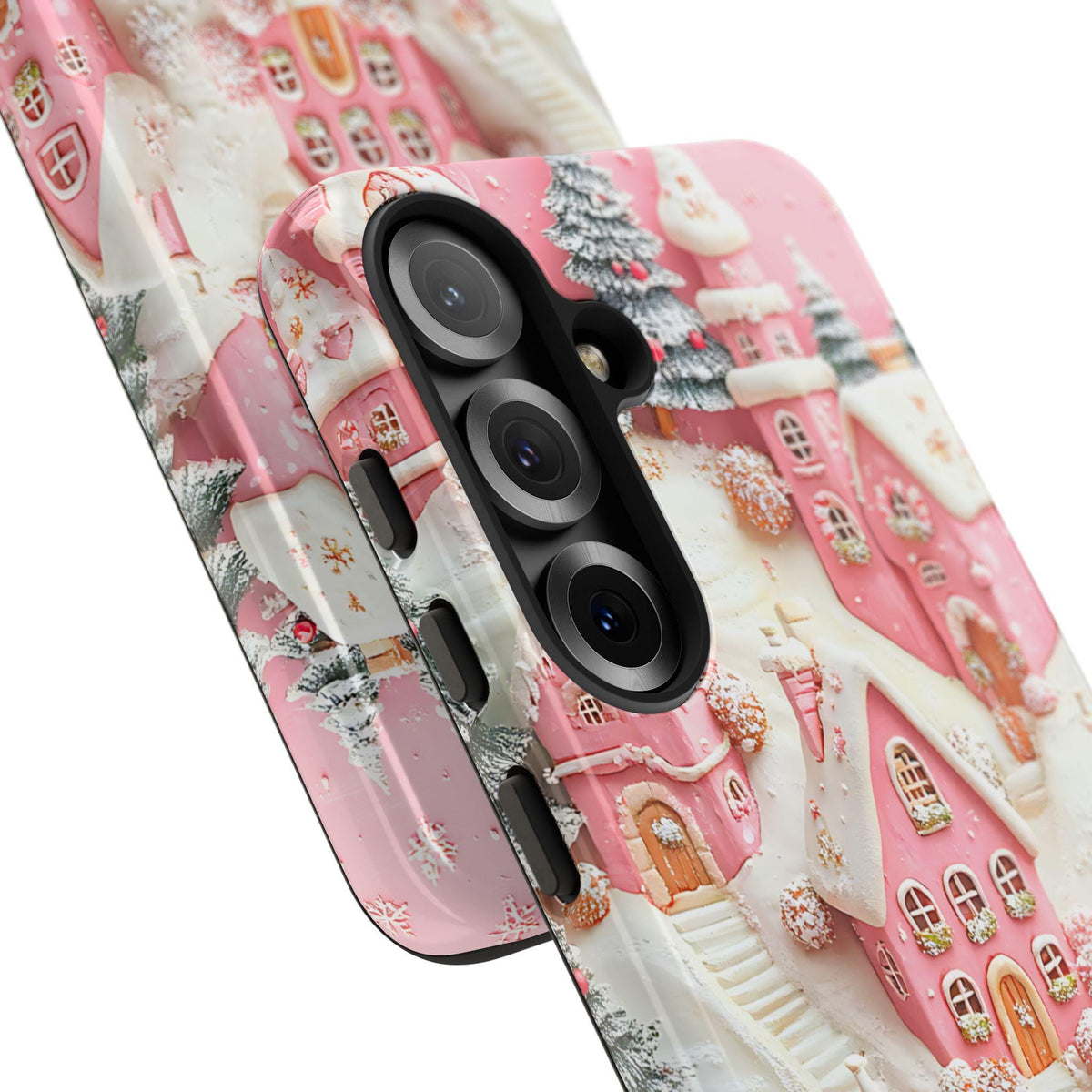 Winter Village Phone Case in Pink, Cozy Snowy Christmas Town Aesthetic, Holiday Gift for iPhone, Samsung Galaxy, Pixel Smartphone
