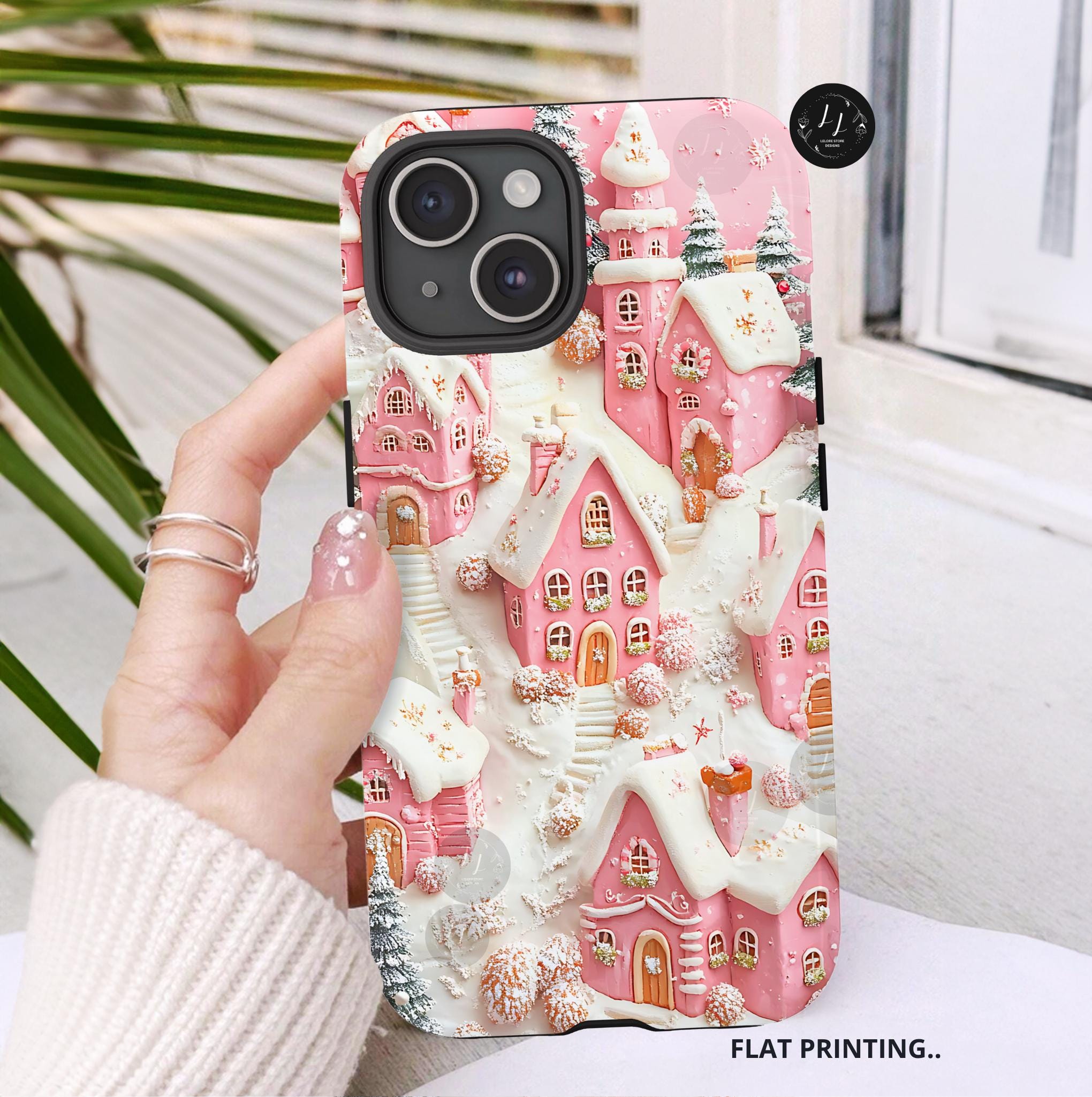 Winter Village Phone Case in Pink, Cozy Snowy Christmas Town Aesthetic, Holiday Gift for iPhone, Samsung Galaxy, Pixel Smartphone