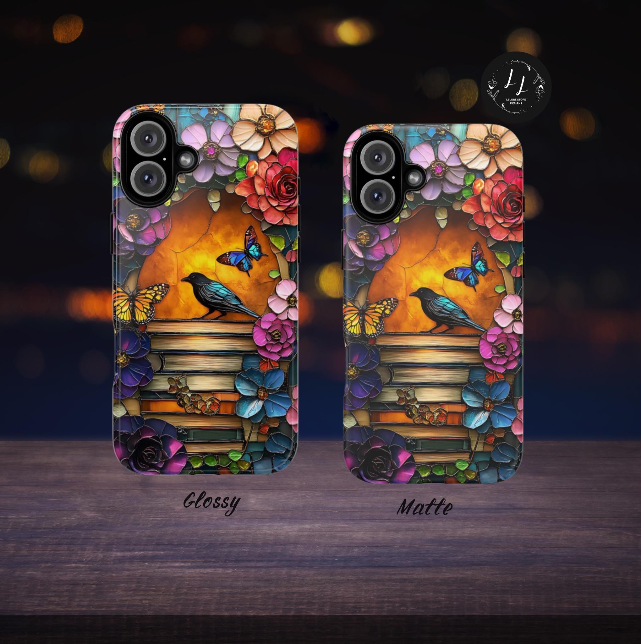 Floral Bookish Phone Case, Faux Stained Glass Books Flower Book Lovers iPhone Galaxy Pixel