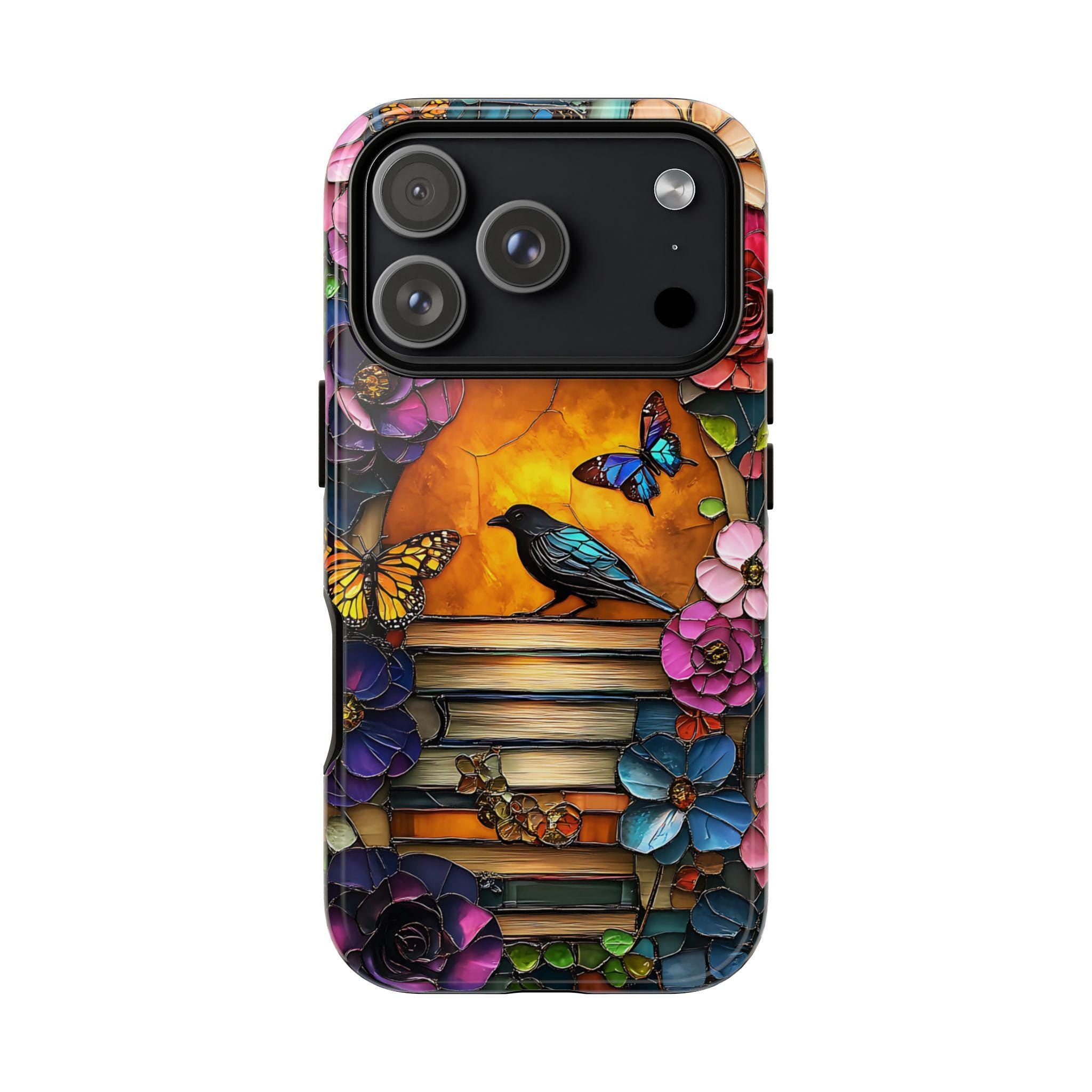 Floral Bookish Phone Case, Faux Stained Glass Books Flower Book Lovers iPhone Galaxy Pixel