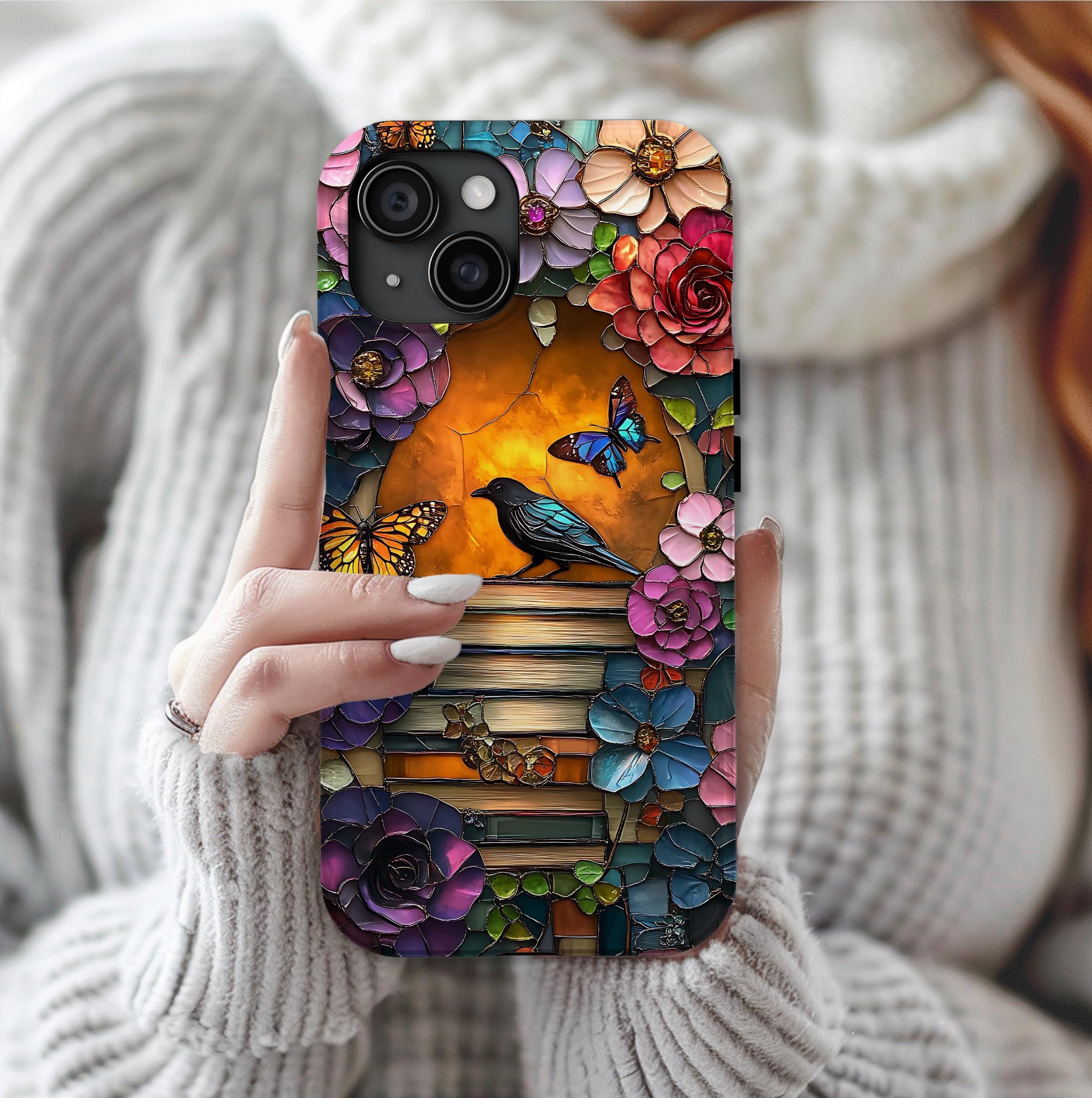 Floral Bookish Phone Case, Faux Stained Glass Books Flower Book Lovers iPhone Galaxy Pixel