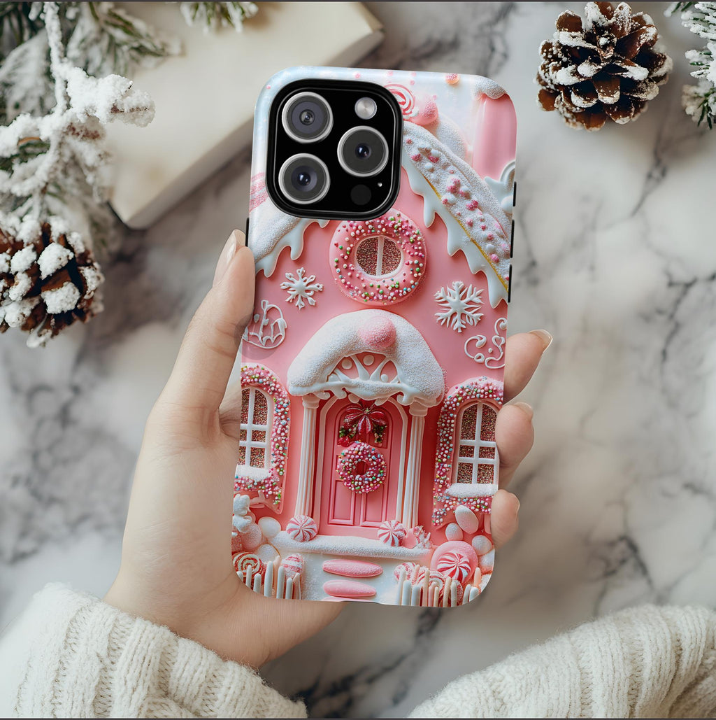 Pink Gingerbread House Phone Case, Festive Holiday Cover Holiday iPhone Galaxy Pixel,