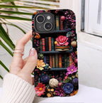 Boho Bookish Phone Case, Floral Bookshelf Design iPhone Samsung Pixel Book Lovers