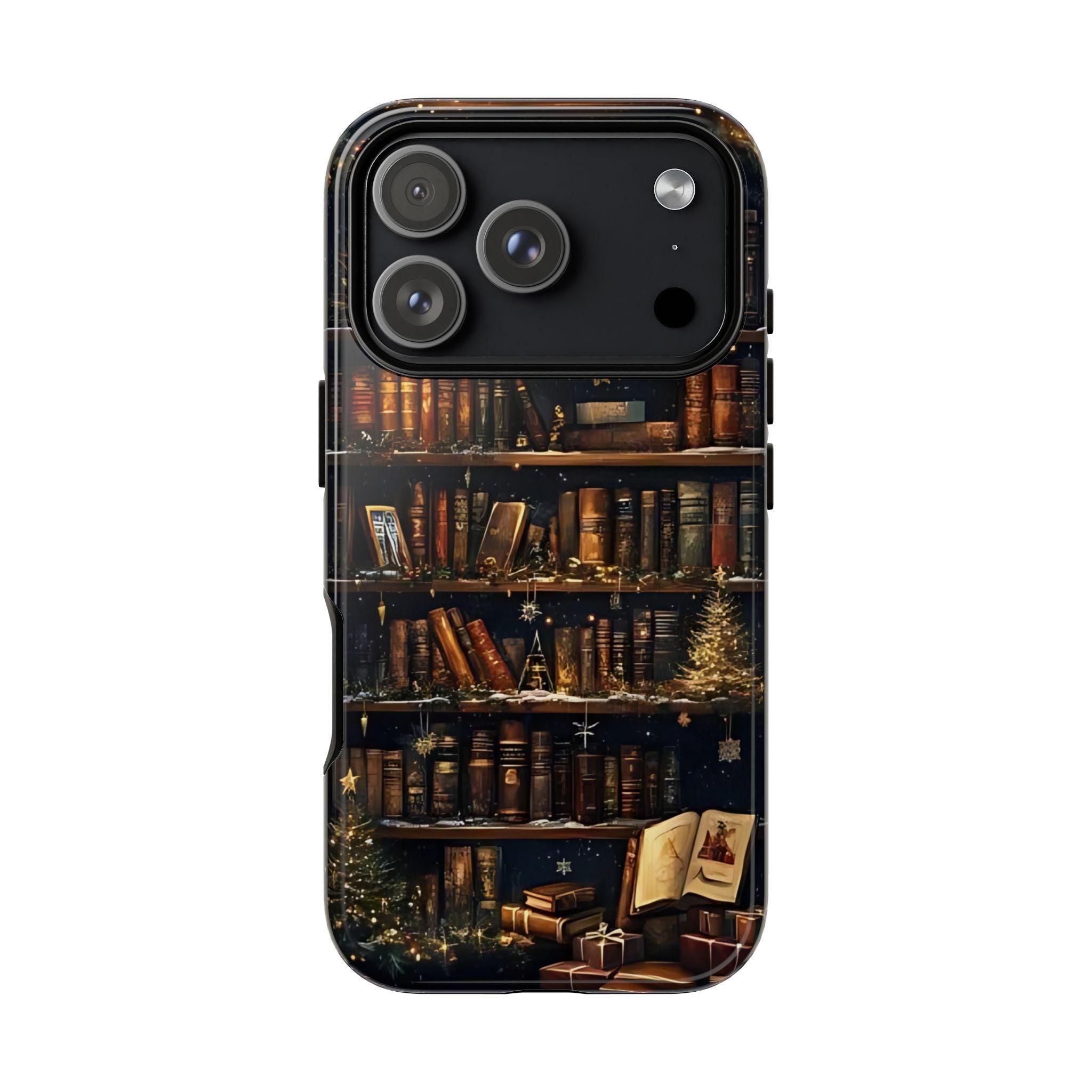 Bookish Christmas Bookshelf Holiday Library Bookcase Design, iPhone Galaxy Pixel.