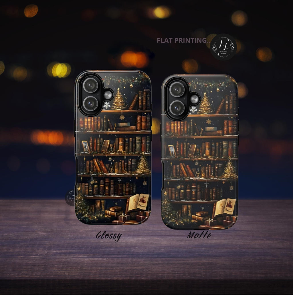 Bookish Christmas Bookshelf Holiday Library Bookcase Design, iPhone Galaxy Pixel.