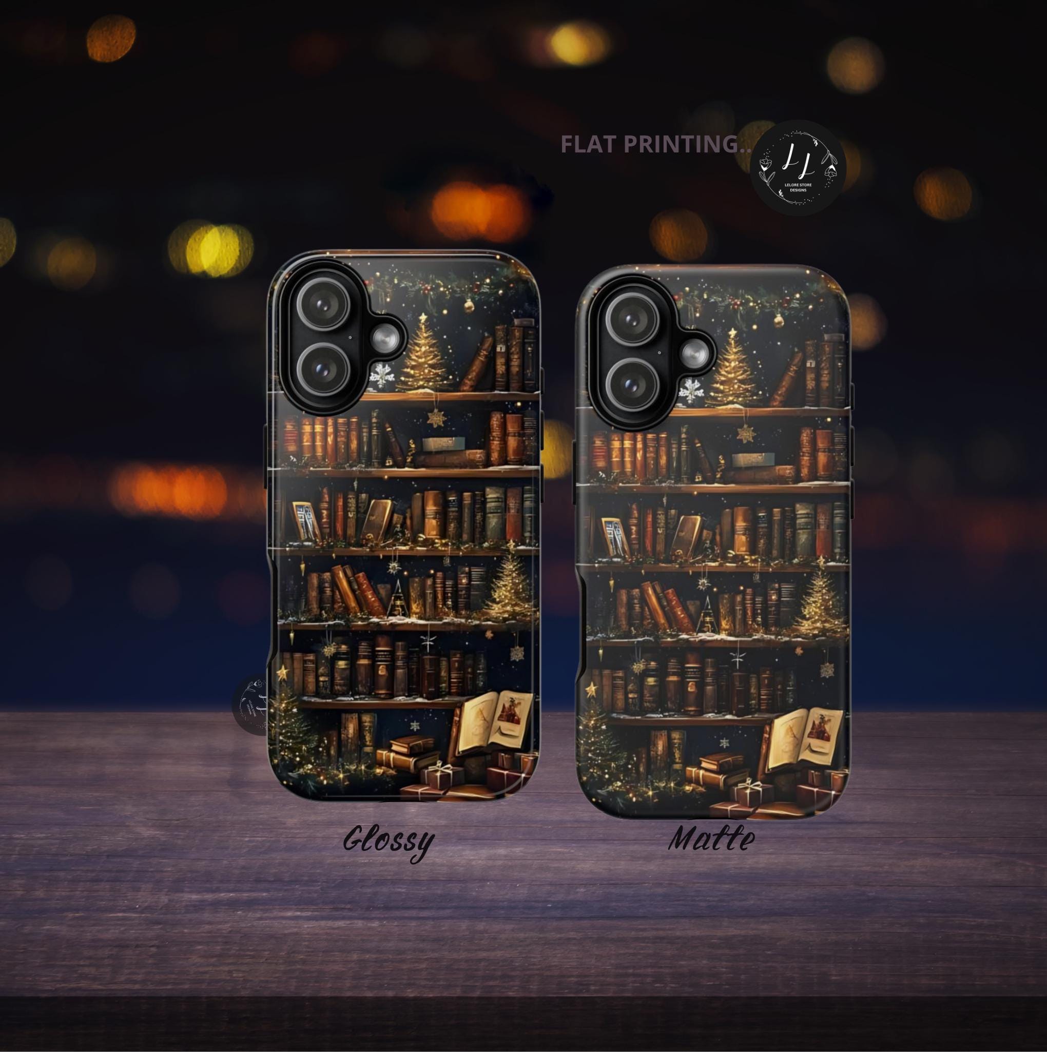 Bookish Christmas Bookshelf Holiday Library Bookcase Design, iPhone Galaxy Pixel.