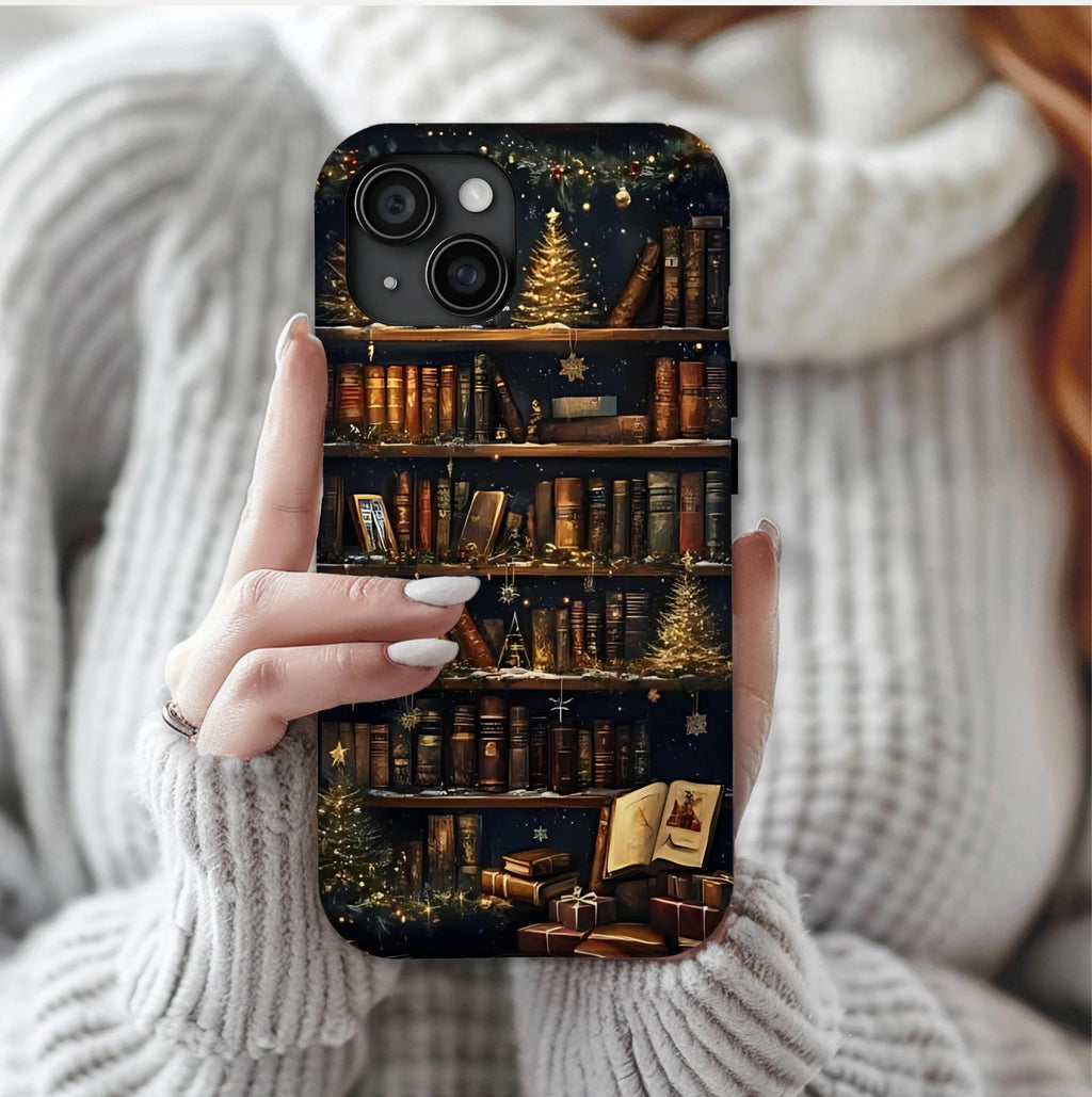 Bookish Christmas Bookshelf Holiday Library Bookcase Design, iPhone Galaxy Pixel.