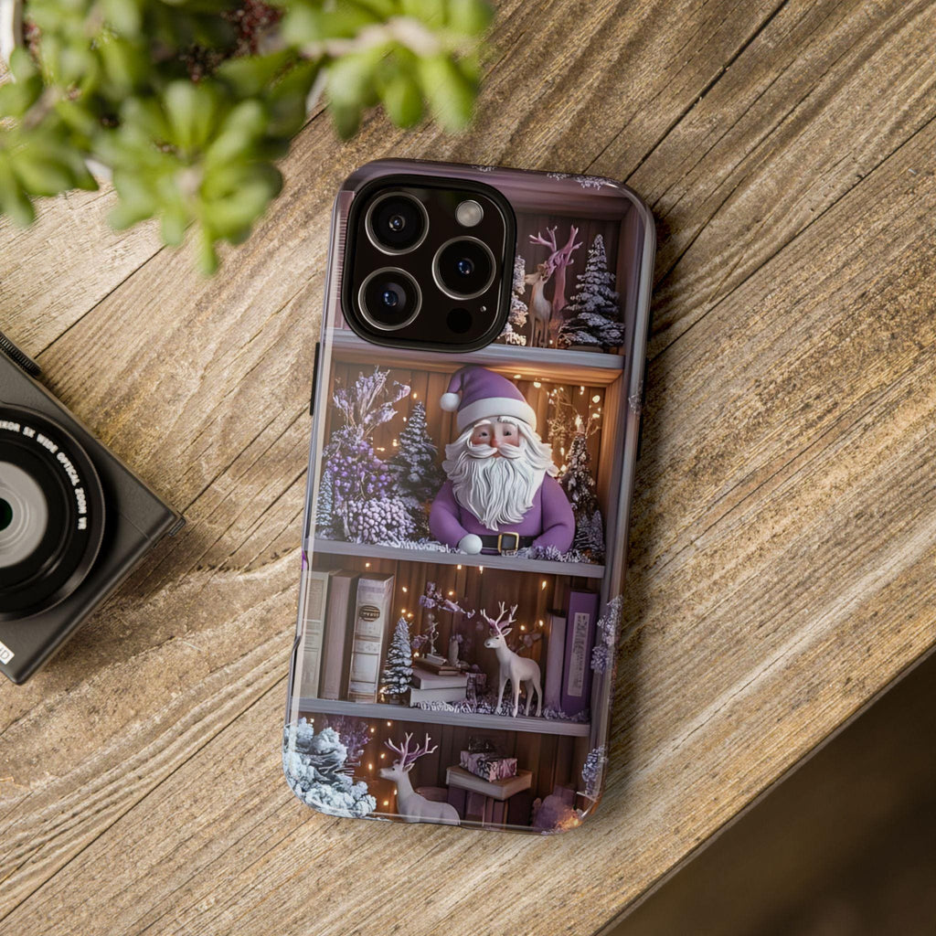 Bookish Phone Case Boho Floral Elements, Light Purple Christmas Bookshelf iPhone Galaxy, Pixel