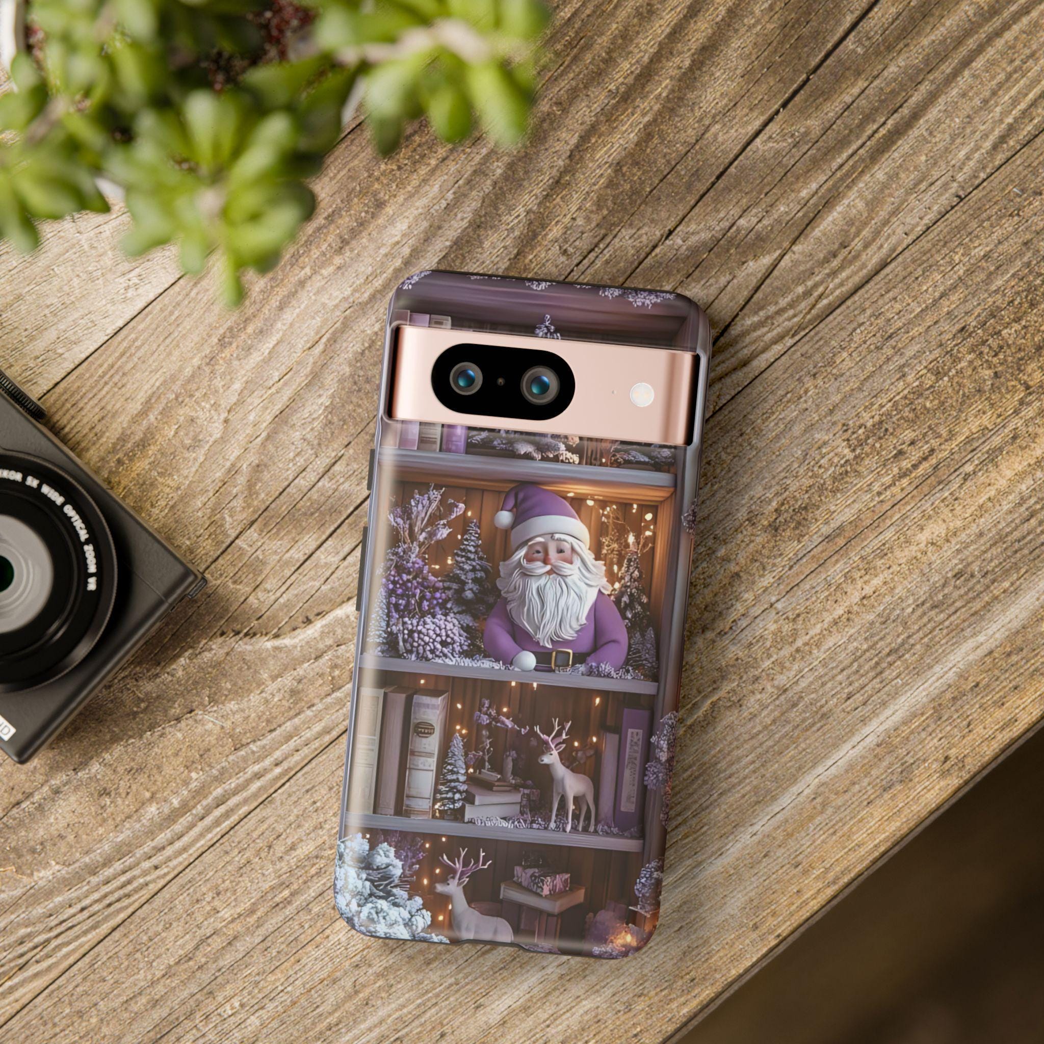 Bookish Phone Case Boho Floral Elements, Light Purple Christmas Bookshelf iPhone Galaxy, Pixel