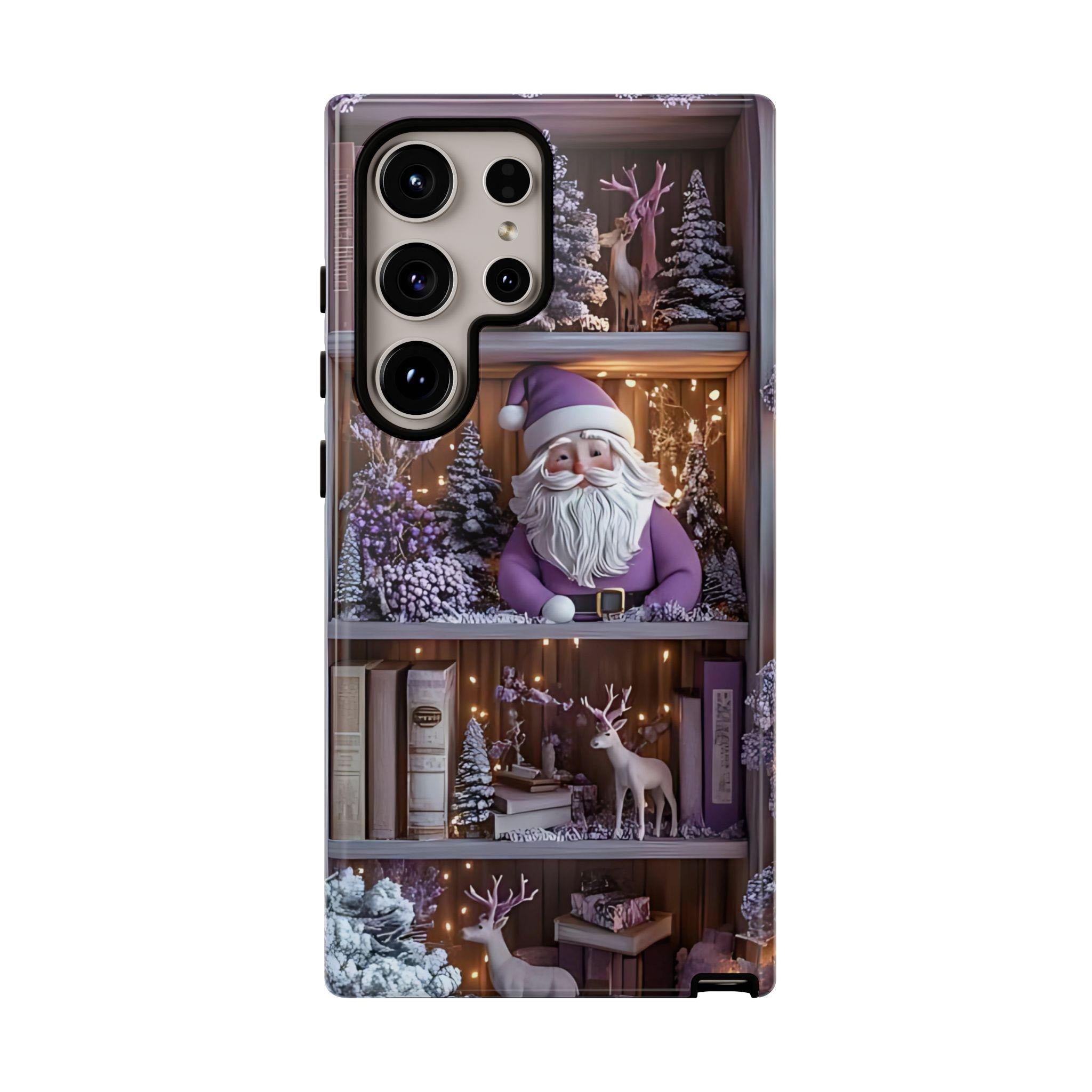 Bookish Phone Case Boho Floral Elements, Light Purple Christmas Bookshelf iPhone Galaxy, Pixel
