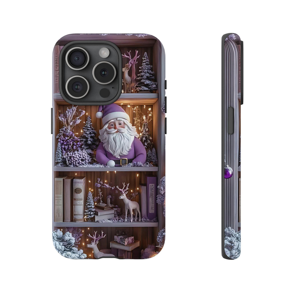 Bookish Phone Case Boho Floral Elements, Light Purple Christmas Bookshelf iPhone Galaxy, Pixel