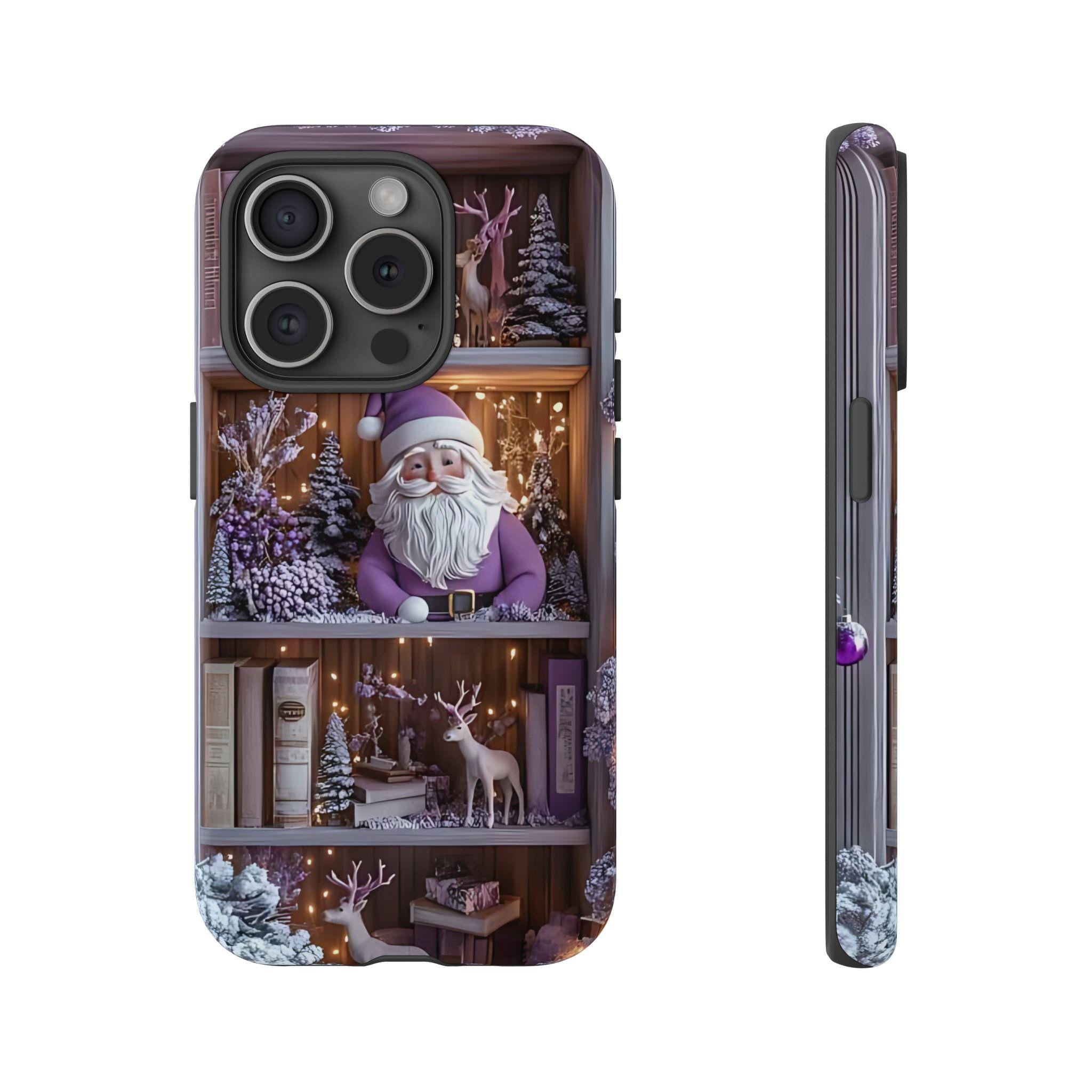 Bookish Phone Case Boho Floral Elements, Light Purple Christmas Bookshelf iPhone Galaxy, Pixel