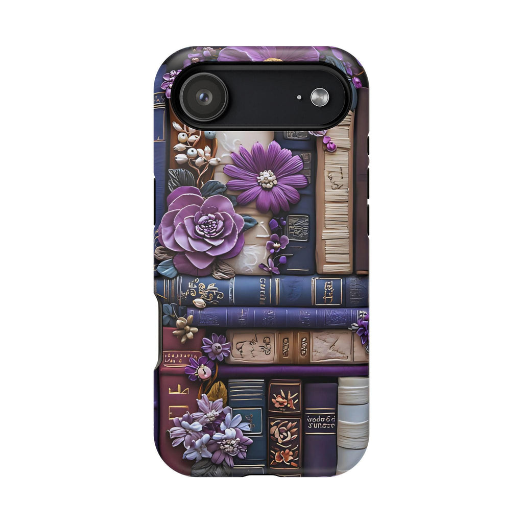 Bookish MagSafe iPhone Case: Purple Floral Bookshelf, Faux Embroidery