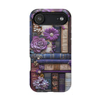 Bookish MagSafe iPhone Case: Purple Floral Bookshelf, Faux Embroidery