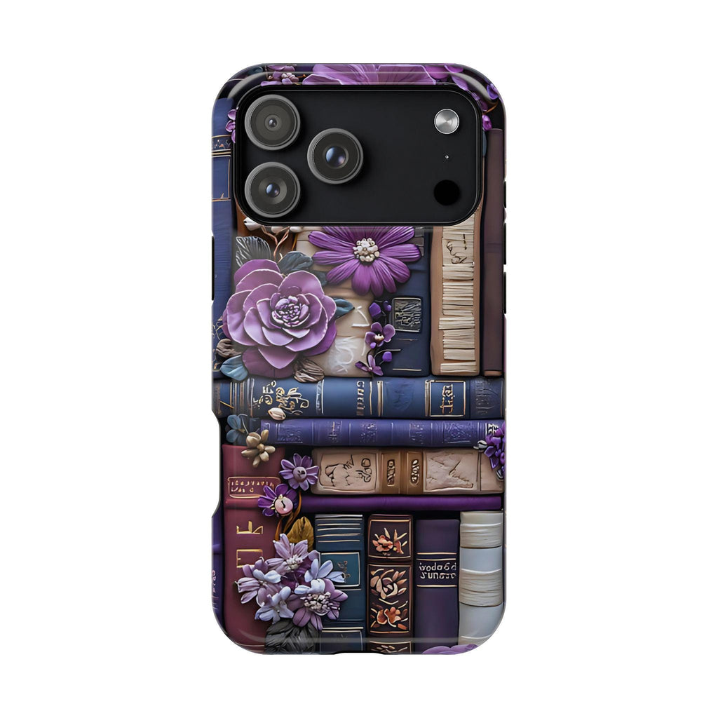 Bookish MagSafe iPhone Case: Purple Floral Bookshelf, Faux Embroidery