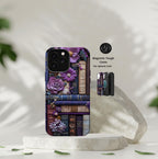 Bookish MagSafe iPhone Case: Purple Floral Bookshelf, Faux Embroidery