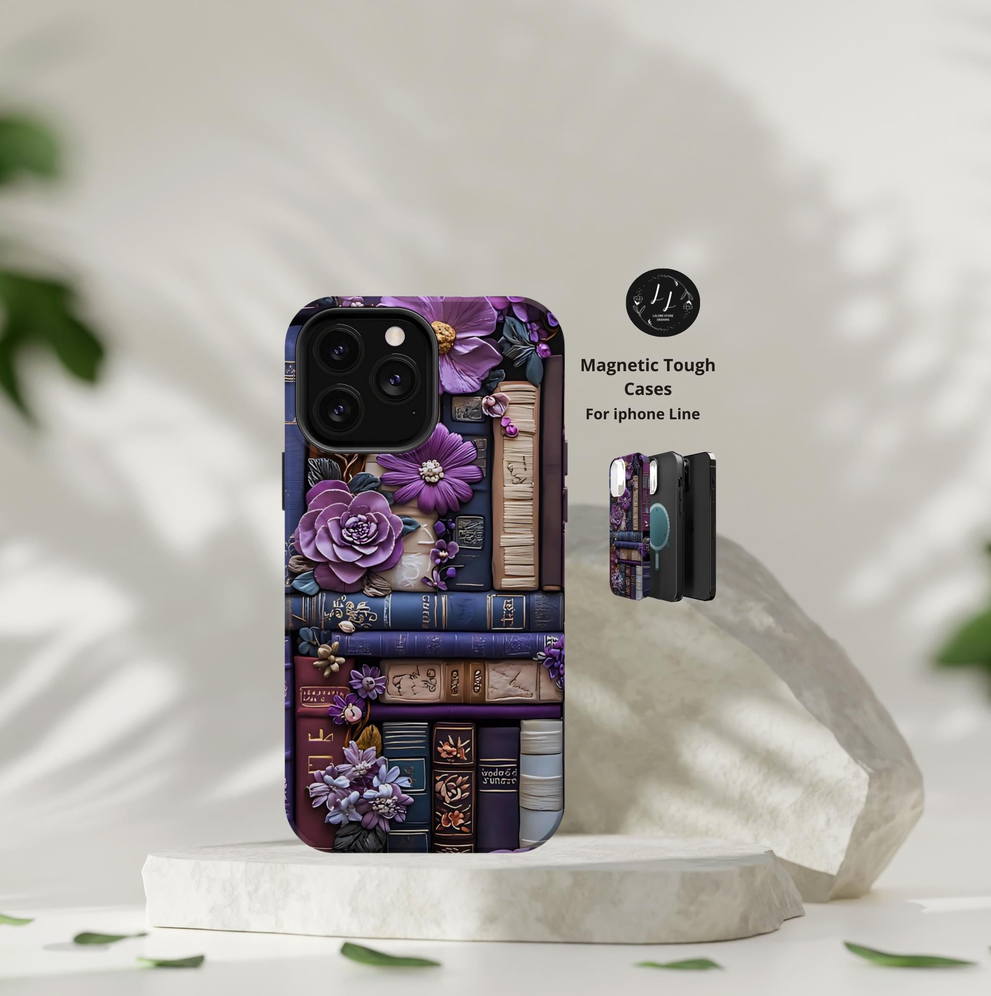 Bookish MagSafe iPhone Case: Purple Floral Bookshelf, Faux Embroidery