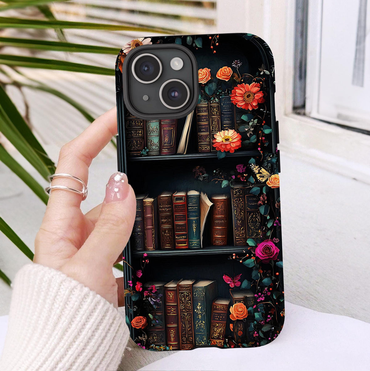 Vintage Floral Bookish Phone Case, Bookshelf Boho Cover Book Lovers iPhone Galaxy Pixel