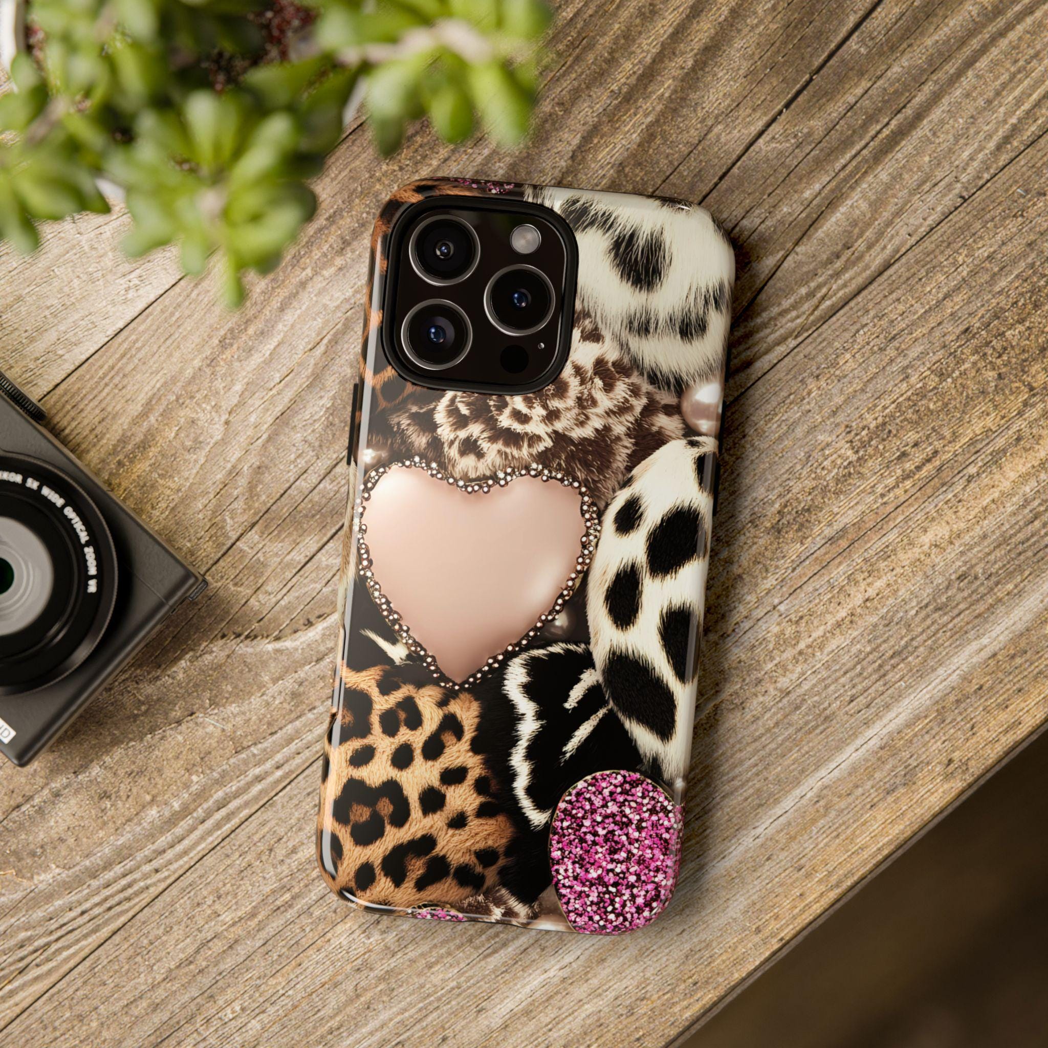 Pink Glitter Leopard Print Hearts Phone Case iPhone Galaxy Pixel,