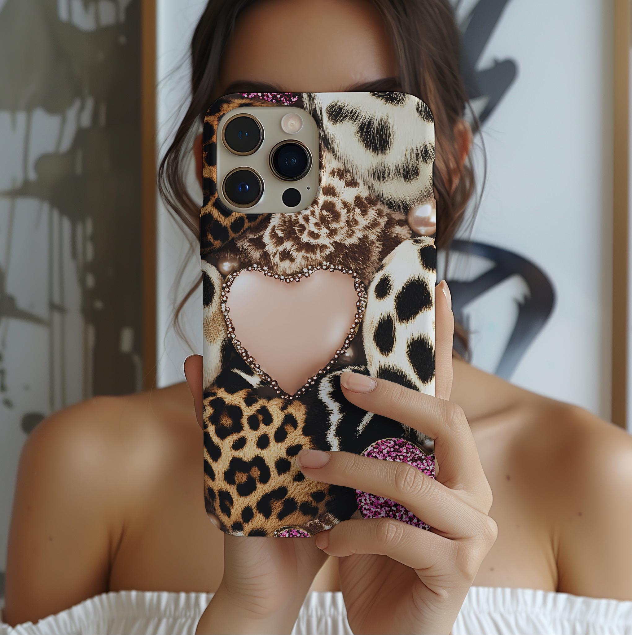 Pink Glitter Leopard Print Hearts Phone Case iPhone Galaxy Pixel,