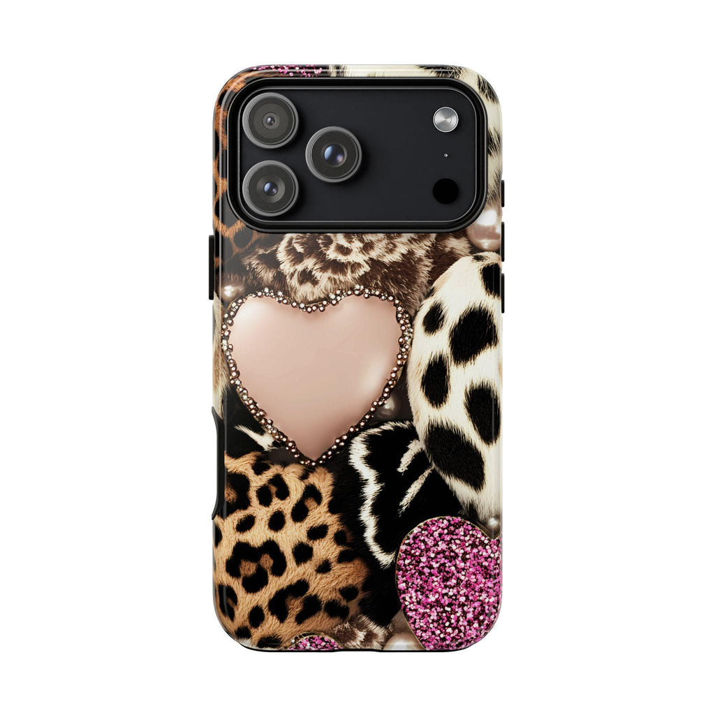Pink Glitter Leopard Print Hearts Phone Case iPhone Galaxy Pixel,