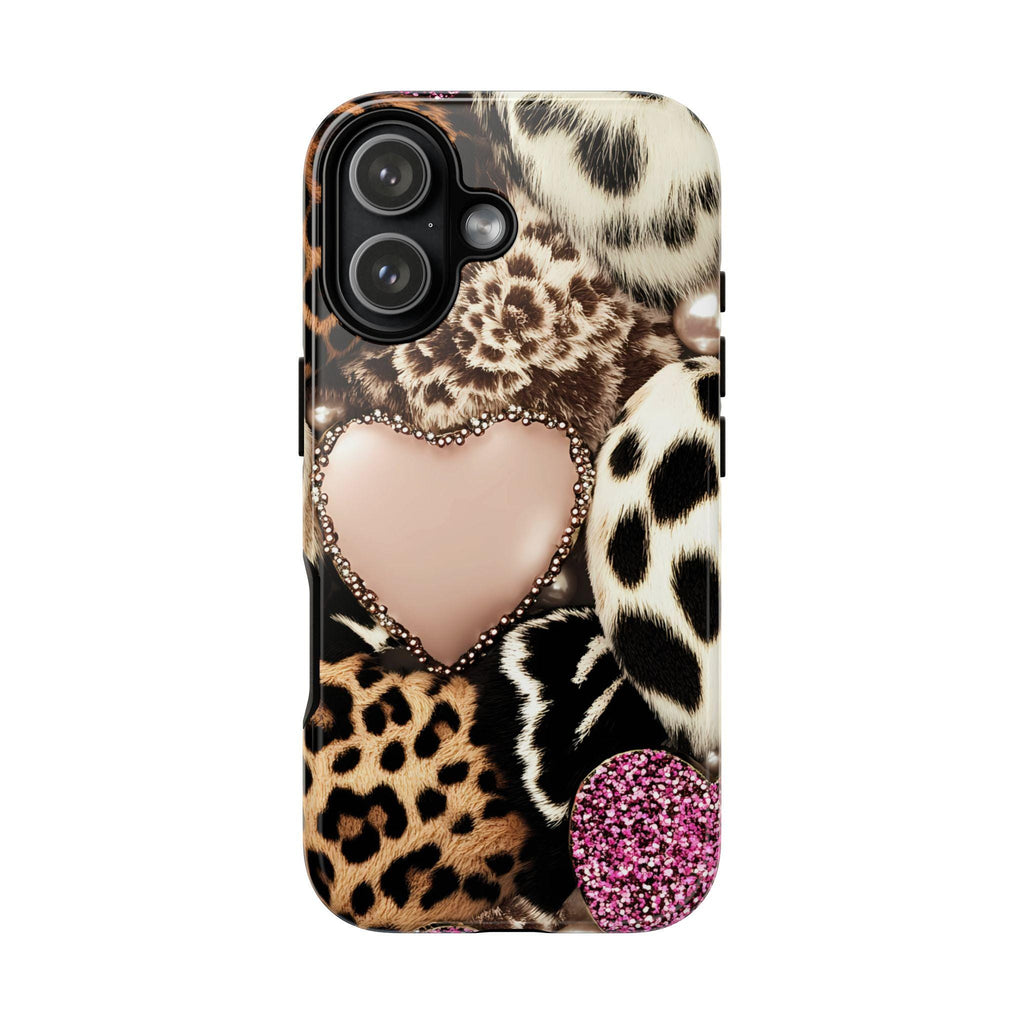 Pink Glitter Leopard Print Hearts Phone Case iPhone Galaxy Pixel,