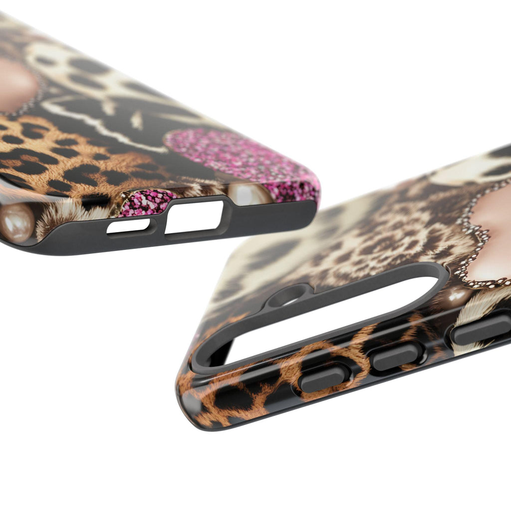 Pink Glitter Leopard Print Hearts Phone Case iPhone Galaxy Pixel,