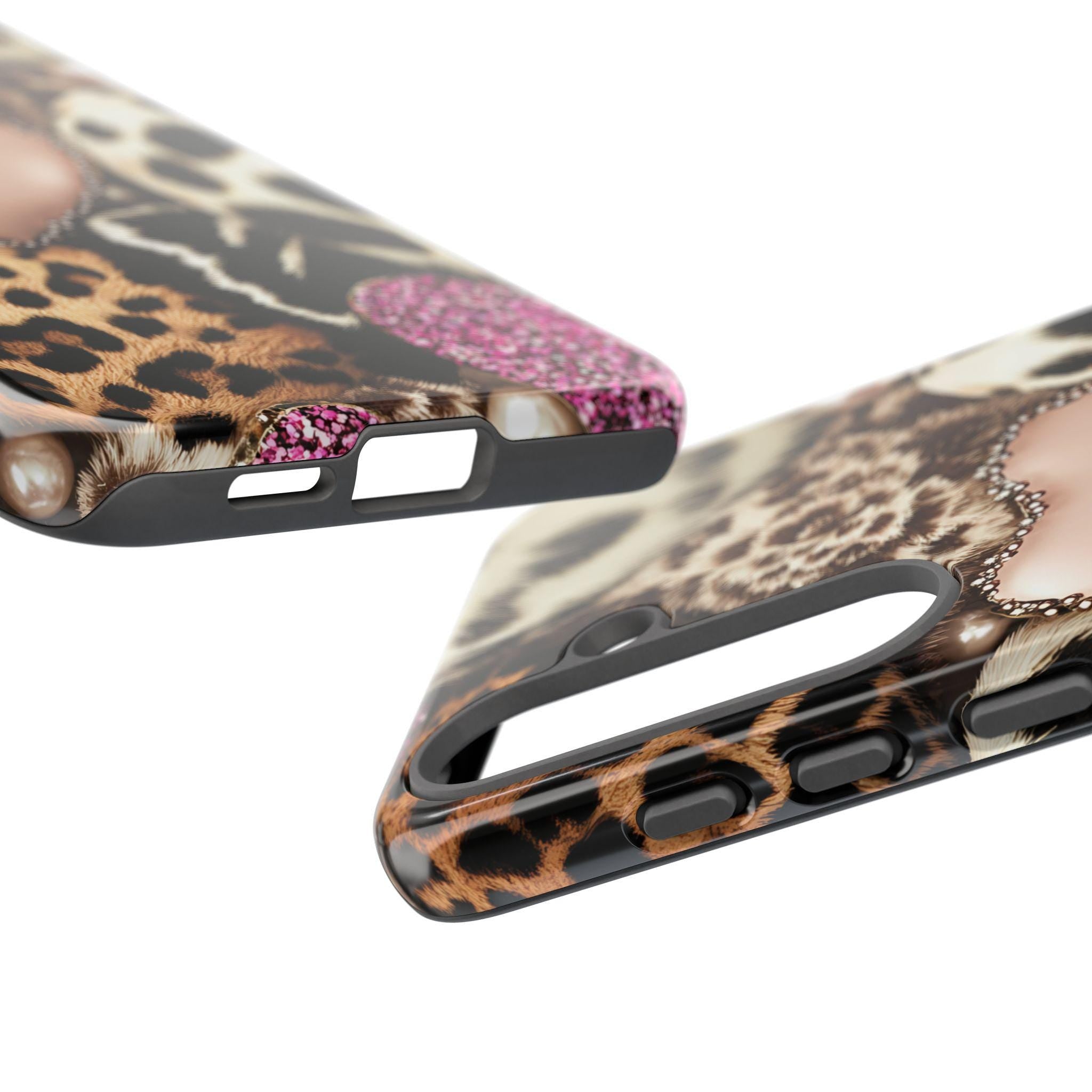 Pink Glitter Leopard Print Hearts Phone Case iPhone Galaxy Pixel,