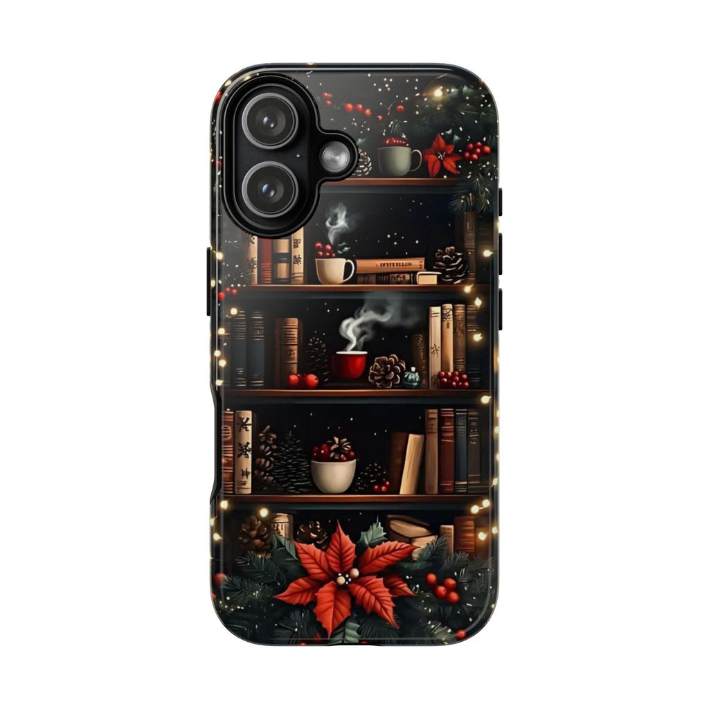 Bookish Christmas Phone Case, Bookshelf Holiday Library Bookcase Coffee Lover Gift iPhone Galaxy Pixel
