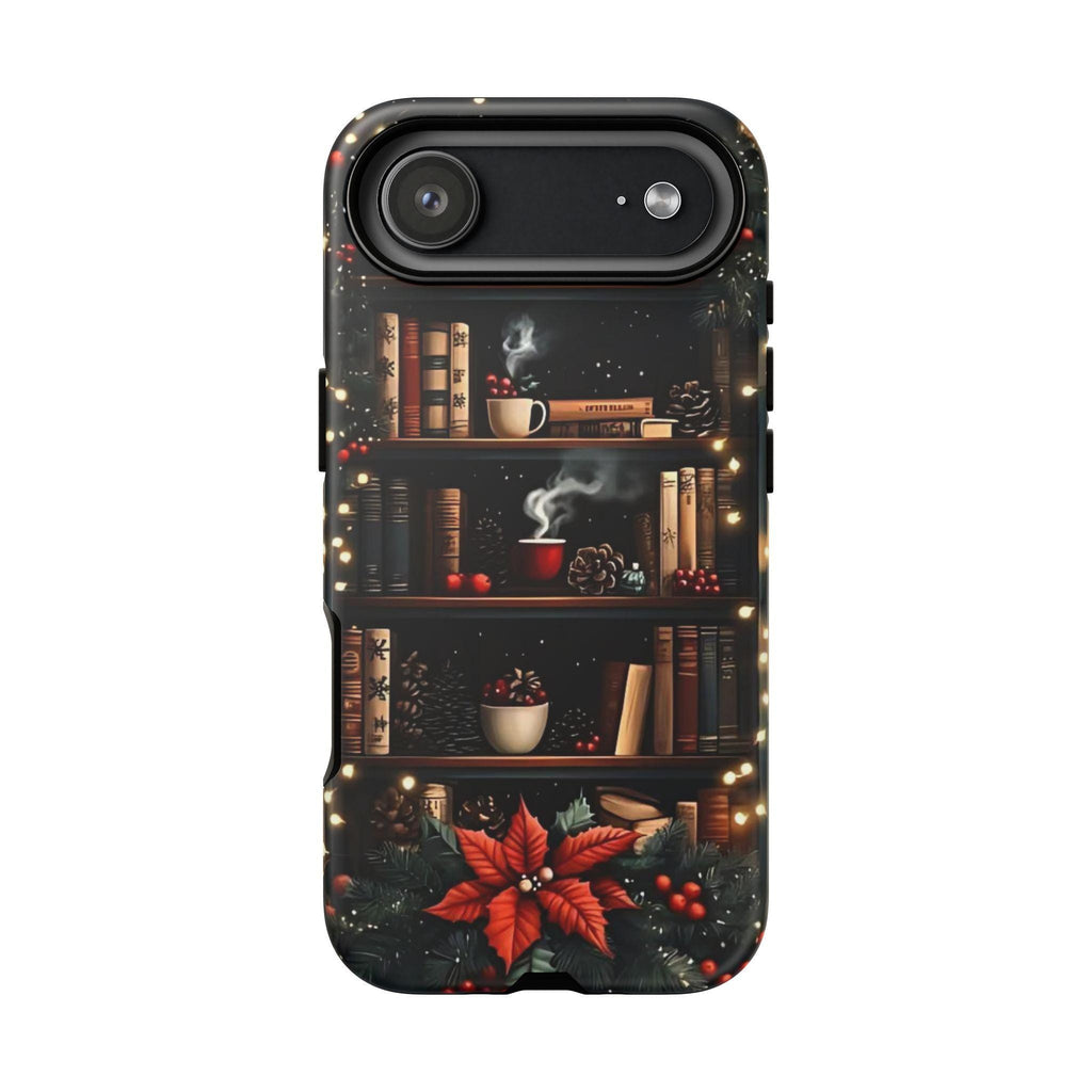 Bookish Christmas Phone Case, Bookshelf Holiday Library Bookcase Coffee Lover Gift iPhone Galaxy Pixel