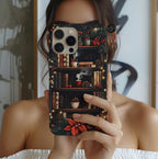 Bookish Christmas Phone Case, Bookshelf Holiday Library Bookcase Coffee Lover Gift iPhone Galaxy Pixel