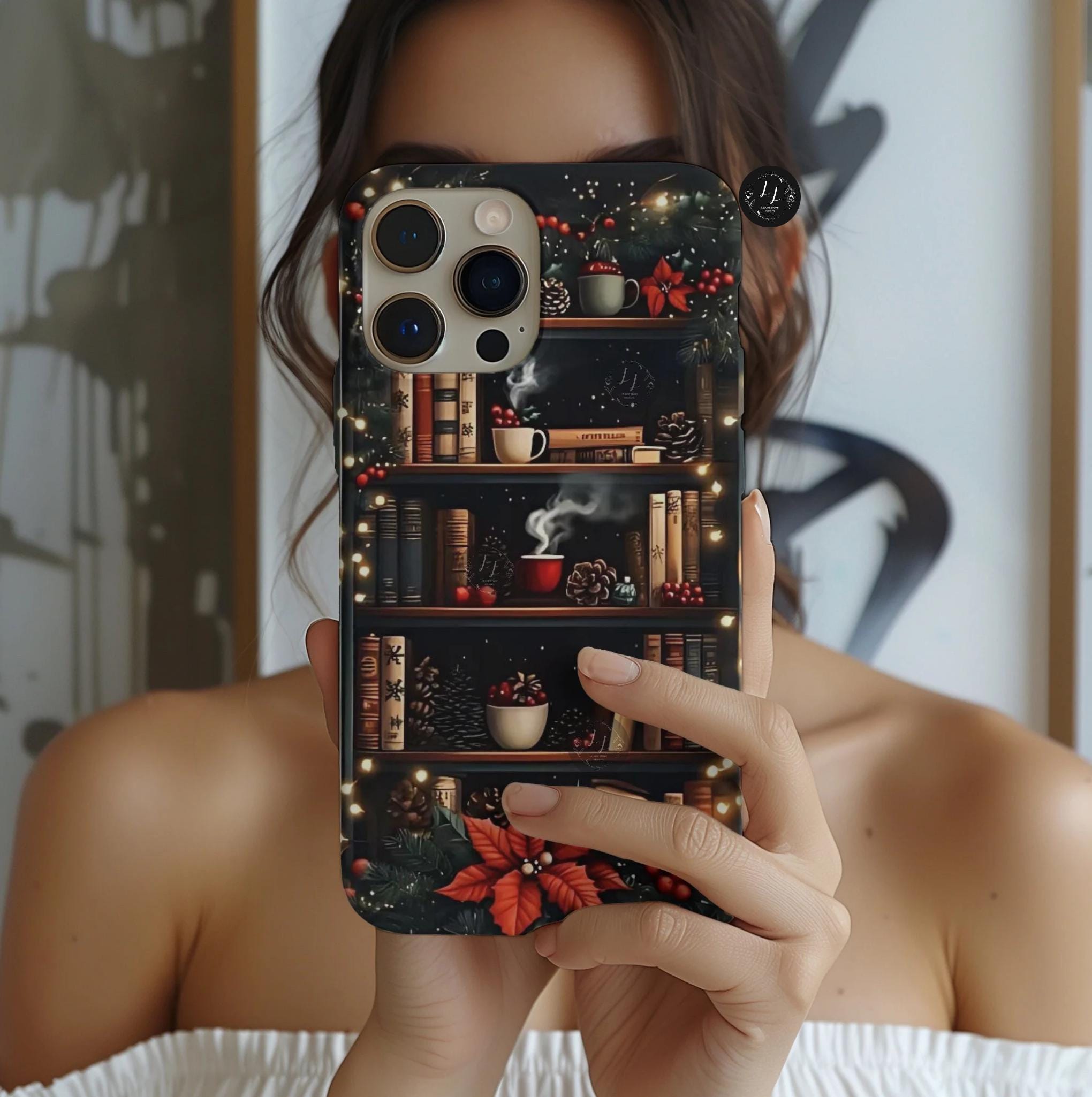 Bookish Christmas Phone Case, Bookshelf Holiday Library Bookcase Coffee Lover Gift iPhone Galaxy Pixel