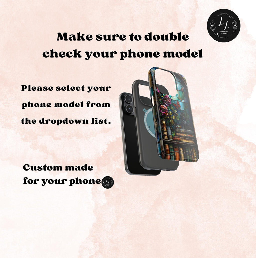 Bookish Dragon iPhone Case: Faux Stained Glass Bookshelf, MagSafe Compatible