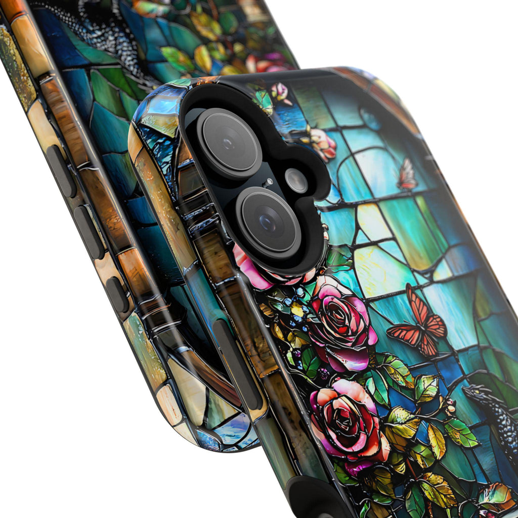 Bookish Dragon iPhone Case: Faux Stained Glass Bookshelf, MagSafe Compatible