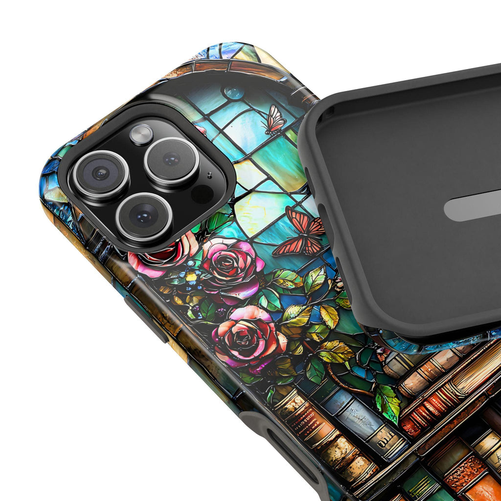 Bookish Dragon iPhone Case: Faux Stained Glass Bookshelf, MagSafe Compatible