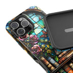 Bookish Dragon iPhone Case: Faux Stained Glass Bookshelf, MagSafe Compatible