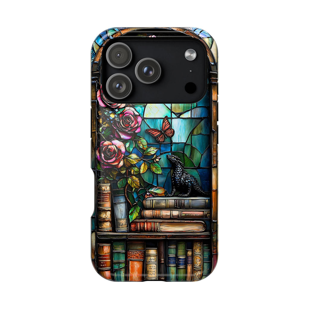 Bookish Dragon iPhone Case: Faux Stained Glass Bookshelf, MagSafe Compatible