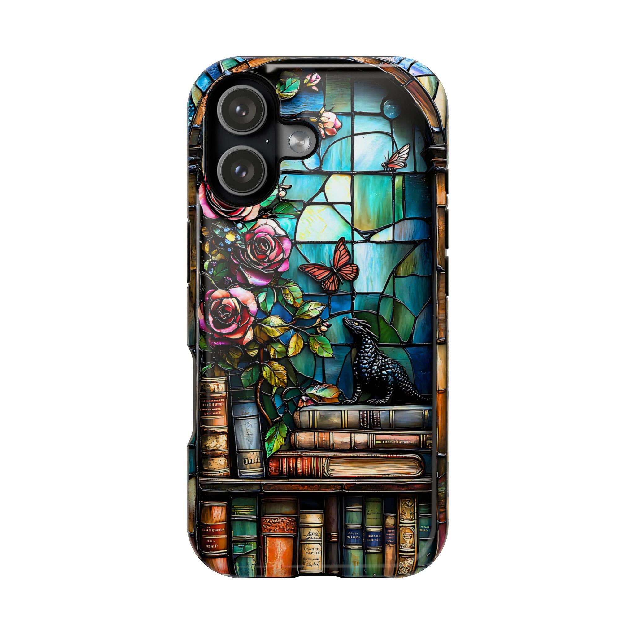 Bookish Dragon iPhone Case: Faux Stained Glass Bookshelf, MagSafe Compatible