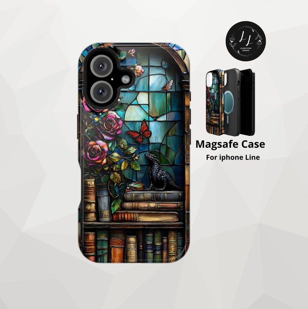 Bookish Dragon iPhone Case: Faux Stained Glass Bookshelf, MagSafe Compatible